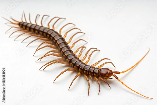 Bild auf Leinwand A striking centipede with elongated reddish-brown body and numerous delicate legs on white