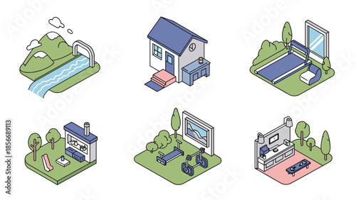 Isometric illustrations of various outdoor and indoor scenes, Generative AI.