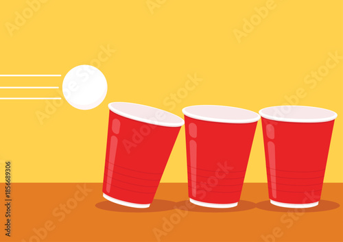 Vector Red plastic cup isolated on yellow background. Red plastic party cup.