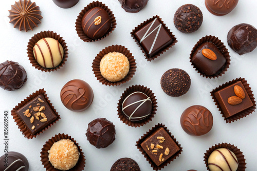 Quadro em tela Assortment of luxurious chocolate truffles on white background.