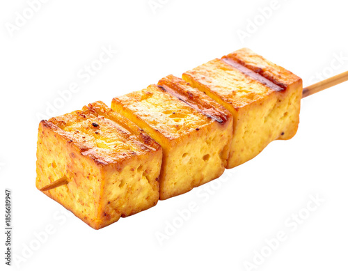 Grilled Tofu Skewer Cubes on White Background.