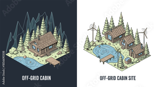 OffGrid Cabin and Cabin Site with Natural Elements, Generative AI.