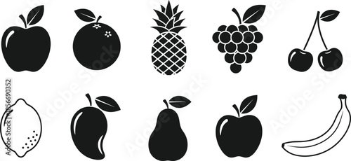  Fruit icons vector illustration featuring black silhouettes of apple, orange, pineapple, grapes, cherry, lemon, mango, pear, and banana for healthy food design,