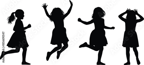 Girls silhouette vector, playful movement poses, black illustration, childhood joy, dancing and running, expressive energy, fun activity, emotional design, motion art