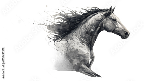 Watercolor painting of a galloping horse in grayscale with flowing mane and splattered artistic brush strokes