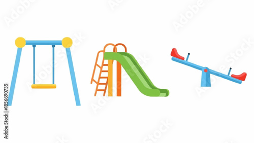 Childrens playground equipment including a swing set slide and seesaw.