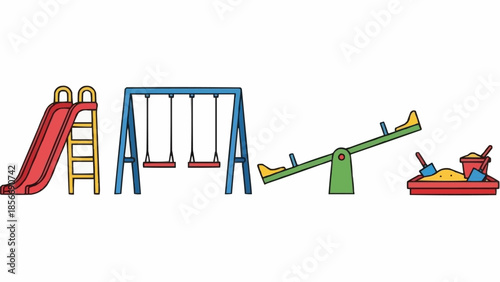 Childrens playground equipment including slide swings and seesaw.