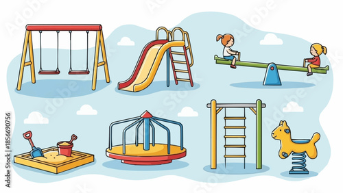 Childrens playground equipment with swings slide carousel and sandbox.