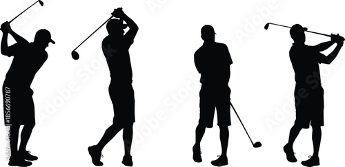 Golfer silhouettes vector illustration set featuring men in various golf swing poses, black and white sports action figures for golf club tournament design,