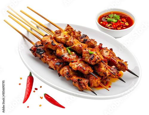 Delicious Chicken Satay Skewers with Spicy Peanut Sauce.