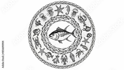 Circular illustration of marine life with a tuna fish in the center.