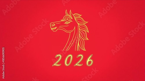 Apparition tête de cheval stylisée estampe en contour vectoriel doré isolé sur fond rouge.