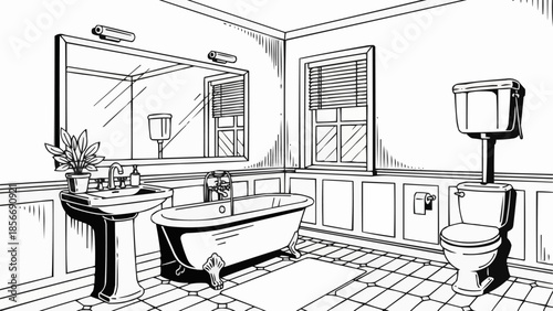 Classic Bathroom Interior Sketch with Bathtub and Sink.