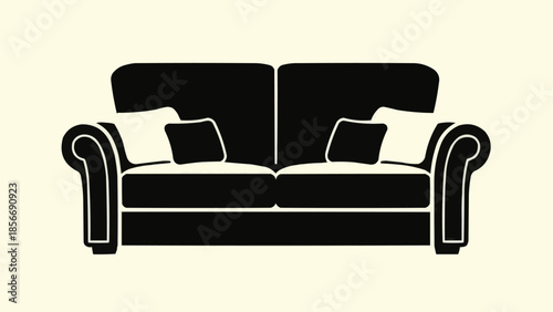 Classic Black Sofa with White Cushions Vector Illustration.