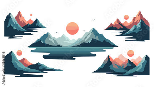 Serene Mountain Landscapes with Sun and Water Elements, Generative AI.