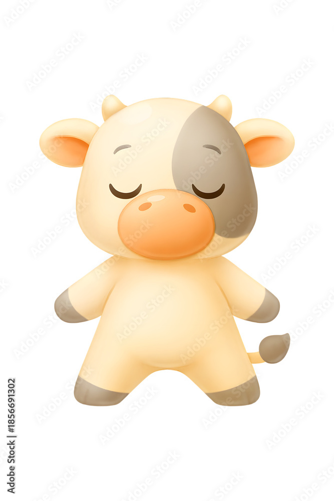 Fototapeta premium Cute meditating baby cow with closed eyes in a charming cartoon style illustration isolated on transparent background
