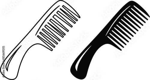 Hair comb vector icon set with outline and silhouette styles, professional barber equipment and beauty salon accessories for hair care and styling,