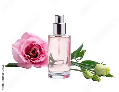 Elegant Perfume Bottle with Pink Rose and Green Leaves.