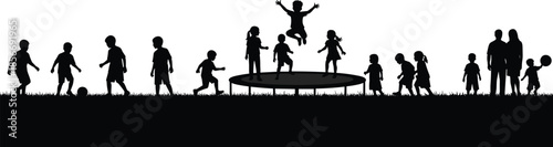 Happy children playing on trampoline and grass field silhouette vector set, active kids jumping and having 