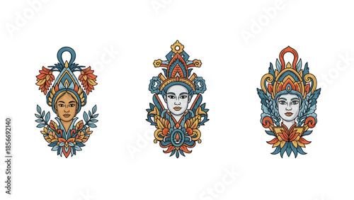 Traditional Balinese Goddesses and Spirits in Ornate Headdresses, Generative AI.