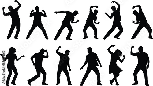 Happy people dancing silhouette vector collection set, group of diverse men and women party celebration isolated on white background for event design,