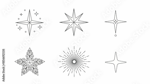 Collection of Six Starburst and Star Icons in Line Art Style for Graphic Design