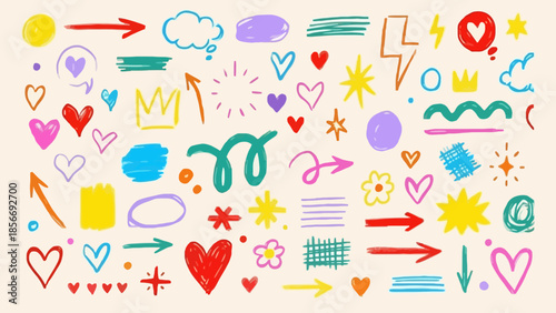 Hand-Drawn Doodle Elements Colorful Arrows, Hearts, Stars, and Abstract Shapes for Creative Projects