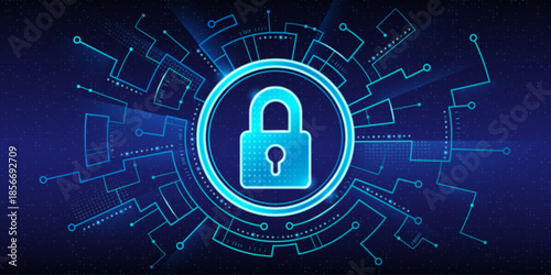 Cyber security concept with glowing padlock icon surrounded by futuristic circuit board elements on dark blue backdrop. Digital lock symbol with neon rings and tech patterns for data protection.