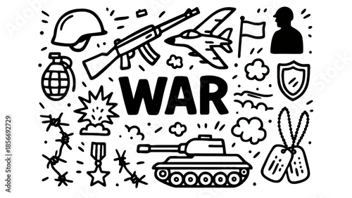 Illustrations of Warfare and Military Equipment Representing Conflict and Defense
