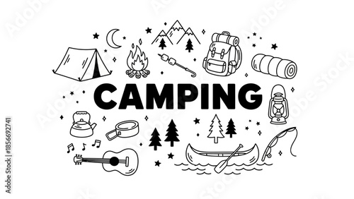 Camping illustrations and icons depicting various outdoor activities and equipment for a wilderness adventure