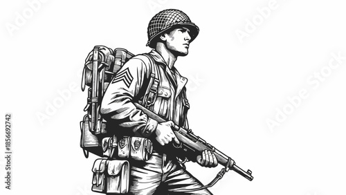 A Detailed Black and White Illustration of a Soldier in Military Uniform with Backpack