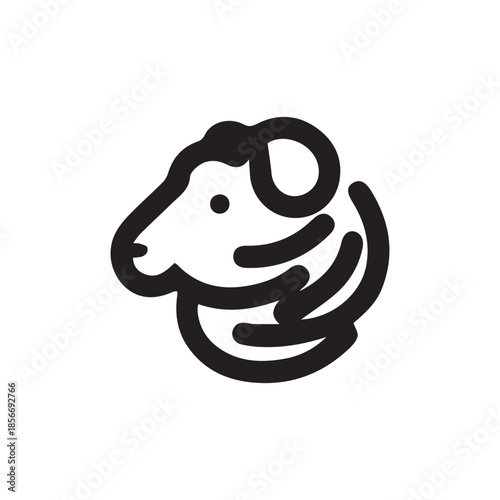 Minimalist black line art icon of a ram or sheep head