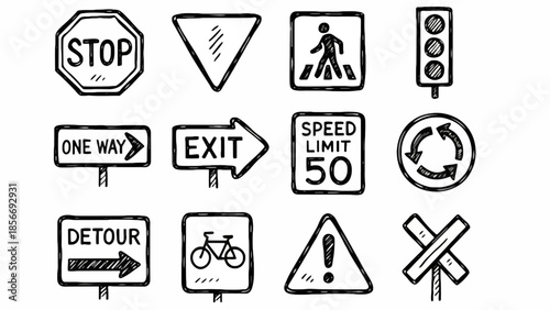 Traffic Sign Icons Illustration, Road Safety Symbols, Black and White Graphic, Vector Art, Top View, Urban Environment, Directional Concept