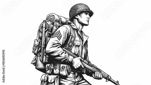 Soldier Holding Rifle with Backpack in Military Uniform Black and White Illustration, Isolated Graphic Art, Front View Concept