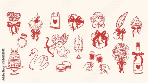 Hand-Drawn Valentine’s Day and Romantic Icons Set Featuring Hearts, Cupcakes, Swan, Gifts, and Cupid