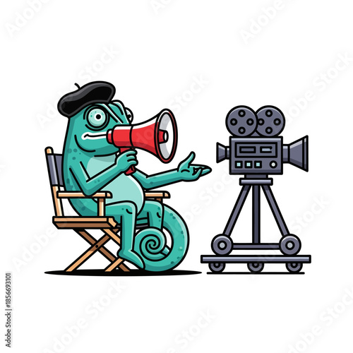 Chameleon Film Director Mascot Sitting in Chair with Megaphone Vector