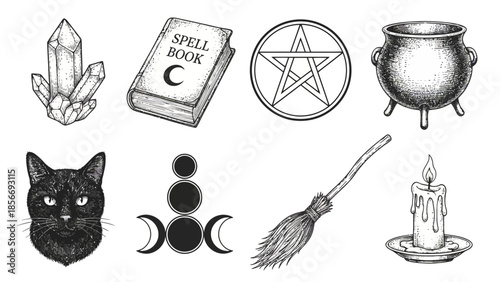 Hand-Drawn Witchcraft and Magic Symbols Set Featuring Crystal, Spell Book, Cat, and More