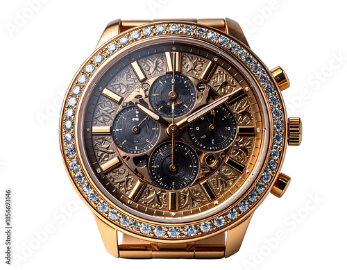 Luxury Rose Gold Chronograph Watch with Diamond Bezel.