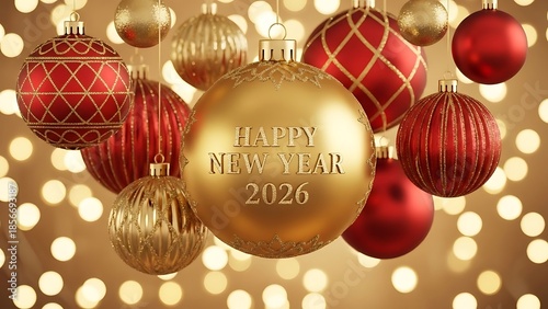 Happy new year 2020 festive christmas ornaments hanging with bokeh lights background