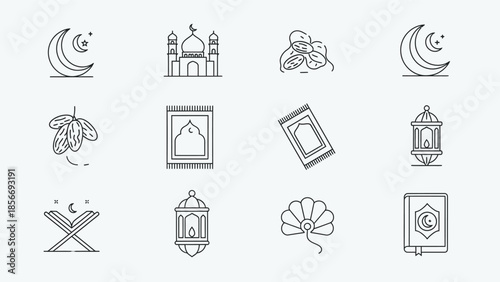 Simple line art icons representing Islamic culture, Ramadan, and Eid religious symbols