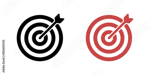 Target and arrow icons symbolizing goal achievement, Bullseye target symbols in black and red, Success and accuracy icons, Aim and focus graphic elements, Target icon set, Vector illustration.