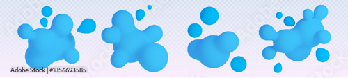 3D blob shapes with liquid gradient effect on white background - abstract blue spheres and bubbles floating. Soft metaball molecular elements with fluid form for modern design and creative projects.