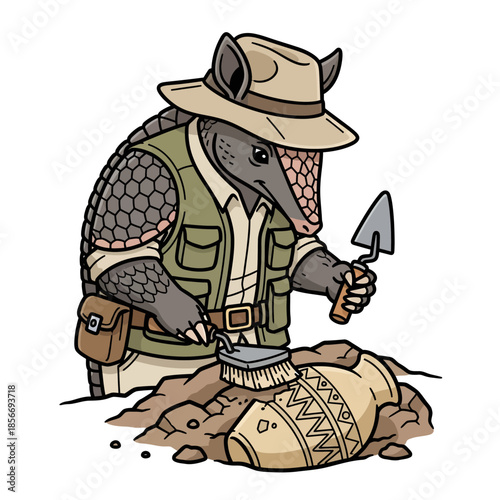 Armadillo Archaeologist Character Excavating Ancient Pottery Vector