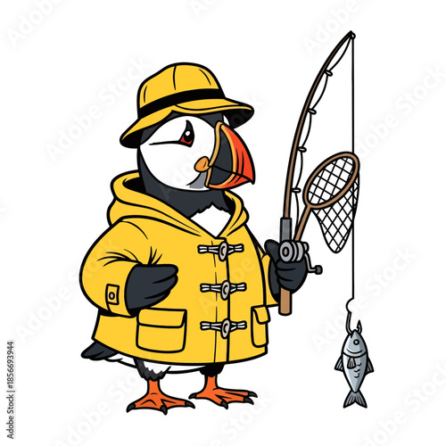 Puffin Fisherman Character with Rod and Net Catching Fish Vector