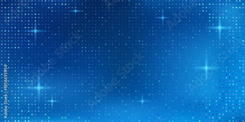 Blue pixel bg with glowing tech pattern and scattered squares. Digital bitmap texture with futuristic grid and halftone. Abstract mosaic background with shimmering light spots for technology design