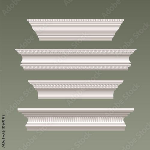 White cornice molding collection with decorative trim elements - classic baseboard and crown designs with ornate plaster patterns. Architectural wall borders with realistic 3d relief frieze details