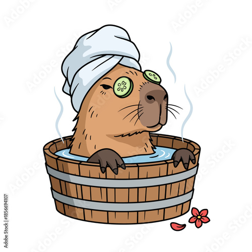 Relaxing Capybara in Spa Wooden Tub with Cucumber Mask Vector Art