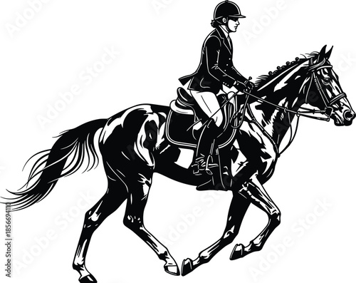 Horse riding silhouette vector, equestrian sport, rider in motion, black and white contrast, helmeted posture, saddle detail, outdoor activity, graceful trot