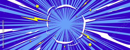 Anime explosion background with radial burst and lightning bolts. Comic book style blue backdrop with dynamic speed lines, halftone dots, yellow stars and energetic motion rays for manga action scenes