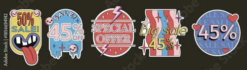 Psychedelic y2k sale stickers set isolated on black. Vector illustration of retro marketing design elements for discount banner, patches with happy emoji, stars, open mouth, rainbow stripes, percent